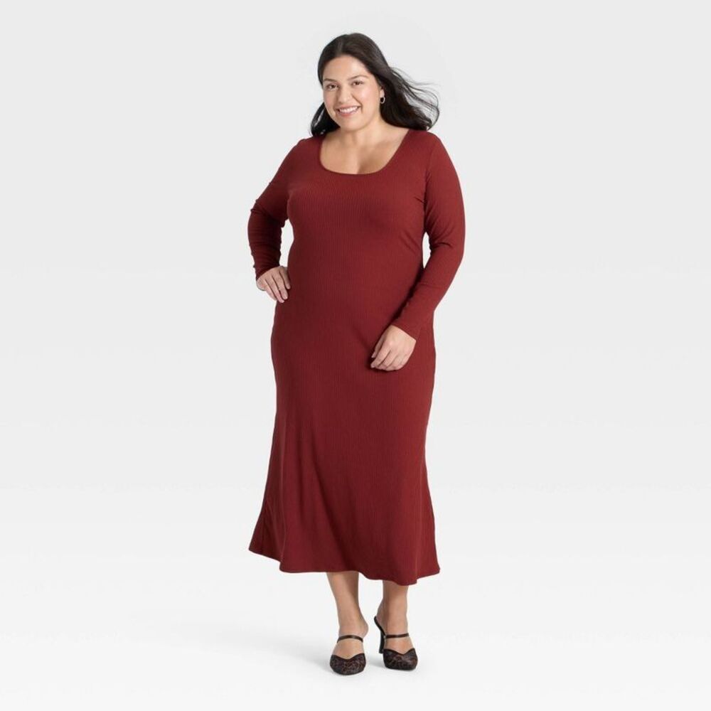 Women's Long Sleeve Rib-Knit Maxi Dress - A New Day Maroon 2X